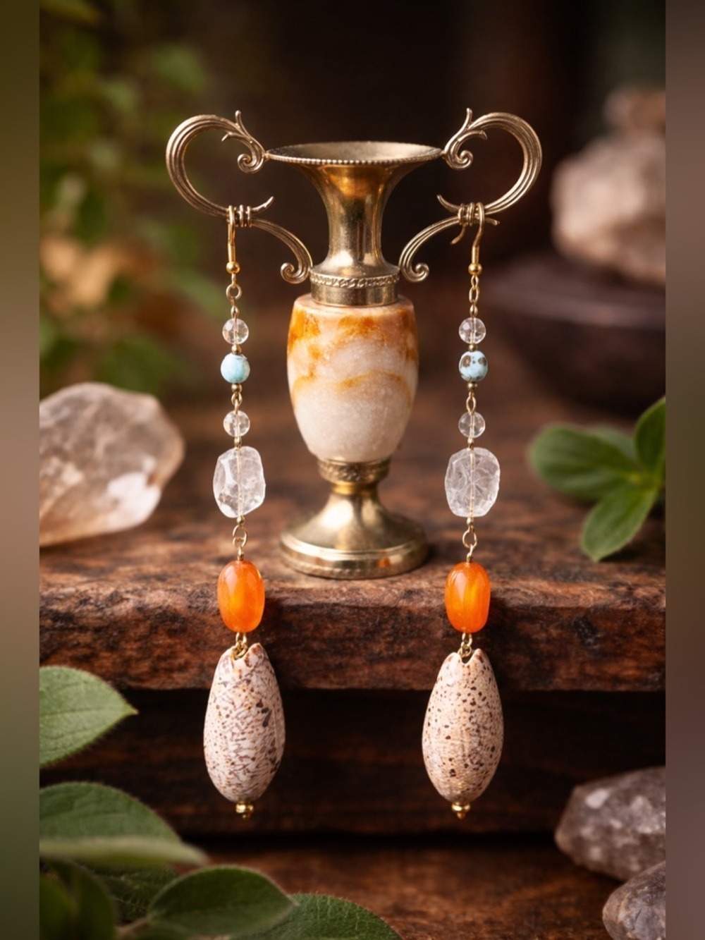 OLIVE Shell HAND crafted ARTISAN Carnelian Crackle Quartz Larimar Long Earrings